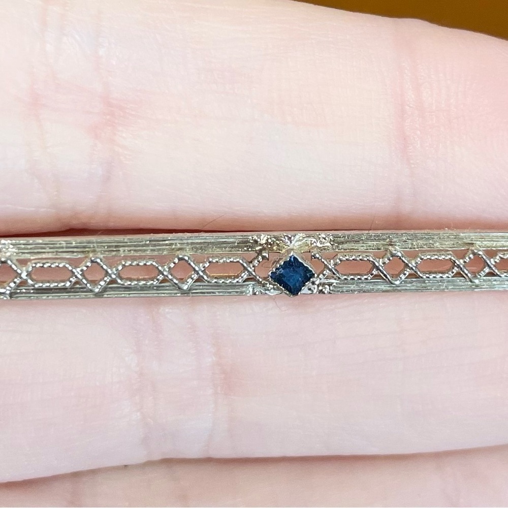 10K Sapphire art nouveau style vintage filigree blue solid gold bar pin brooch﻿ - Picture 3 of 10